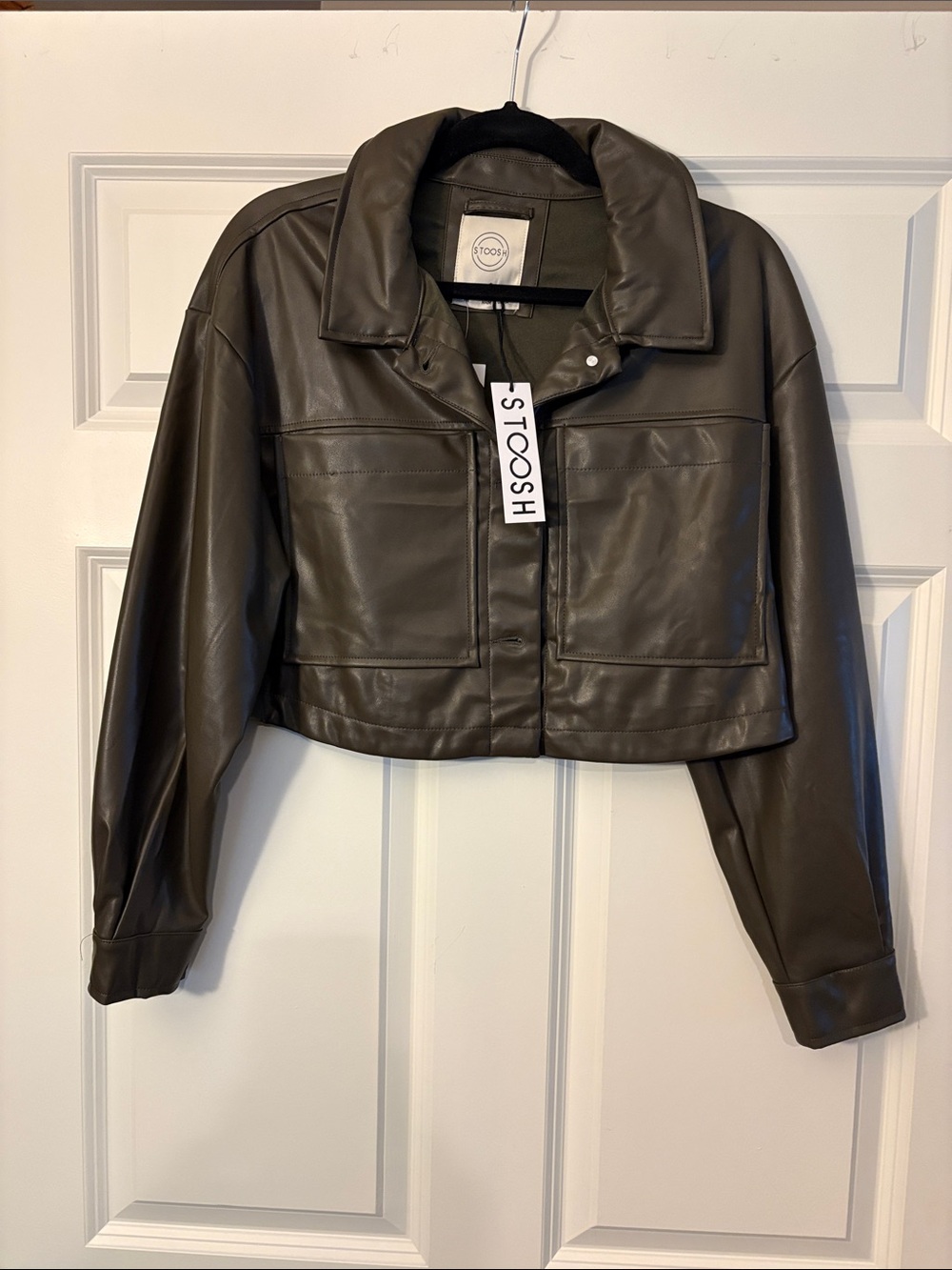 Stoosh Cropped Faux Leather Jacket in Olive